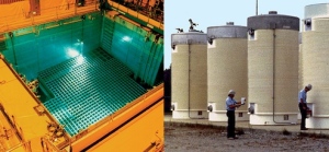 A spent fuel pool and dry casks. (Both photos courtesy of the US Nuclear Regulatory Commission)